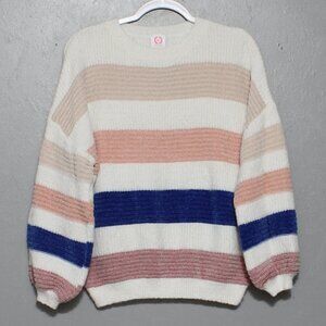 Wanna B white pink blue striped super soft fuzzy bubble sleeve sweater